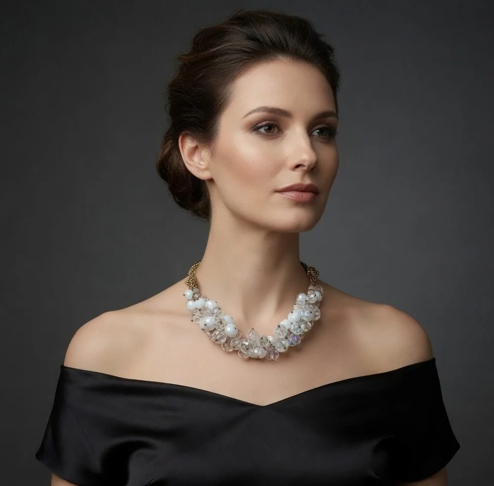 Clear White Crystals Cluster Gold Tone Multilayer Chain Statement Necklace 18-21